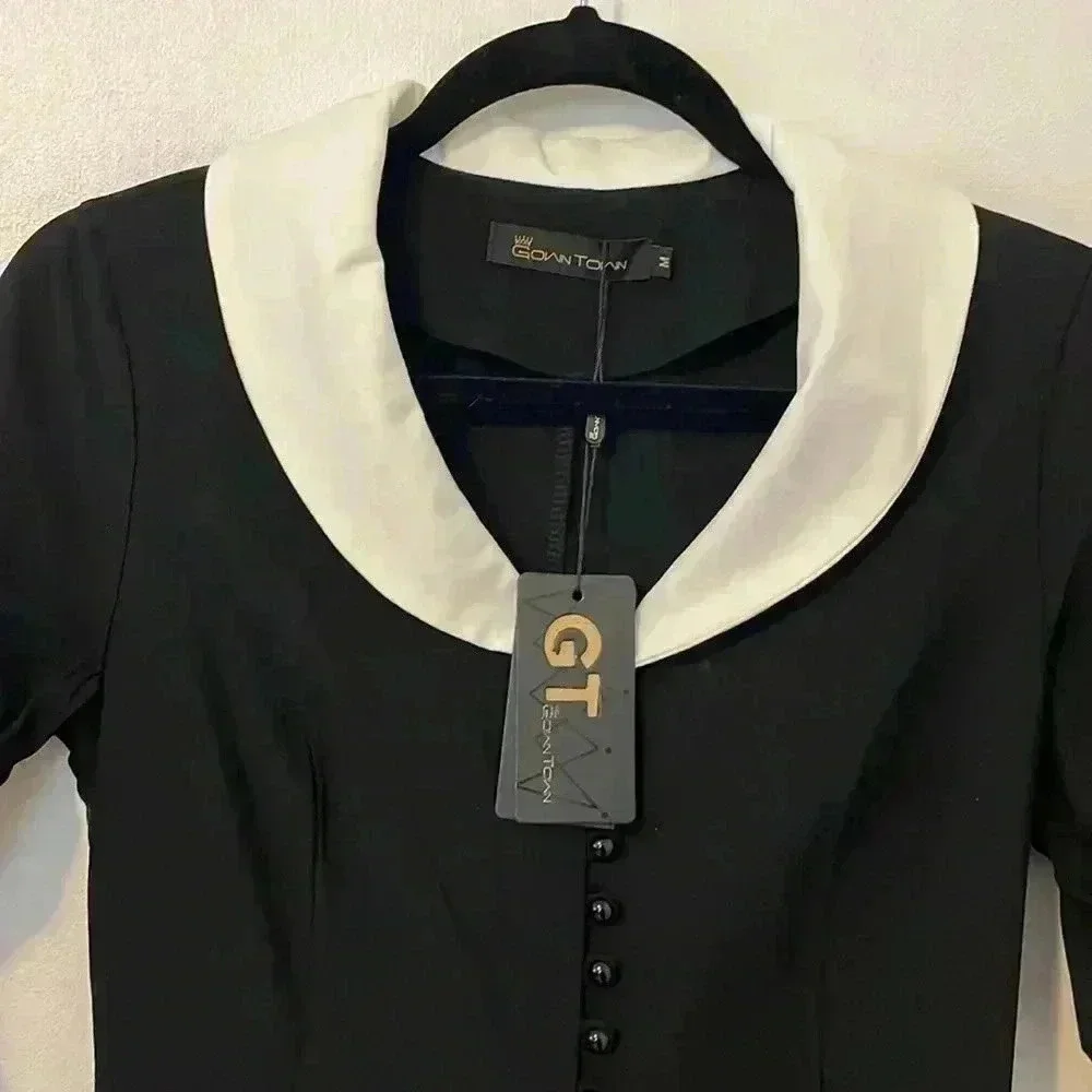 Gown Town Vintage Black Swing Dress with Collar M - Picture 2 of 6